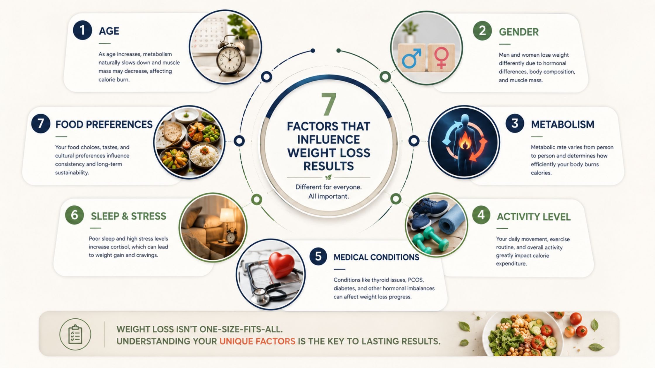 Factors that influence weight loss including metabolism, sleep, stress, and lifestyle