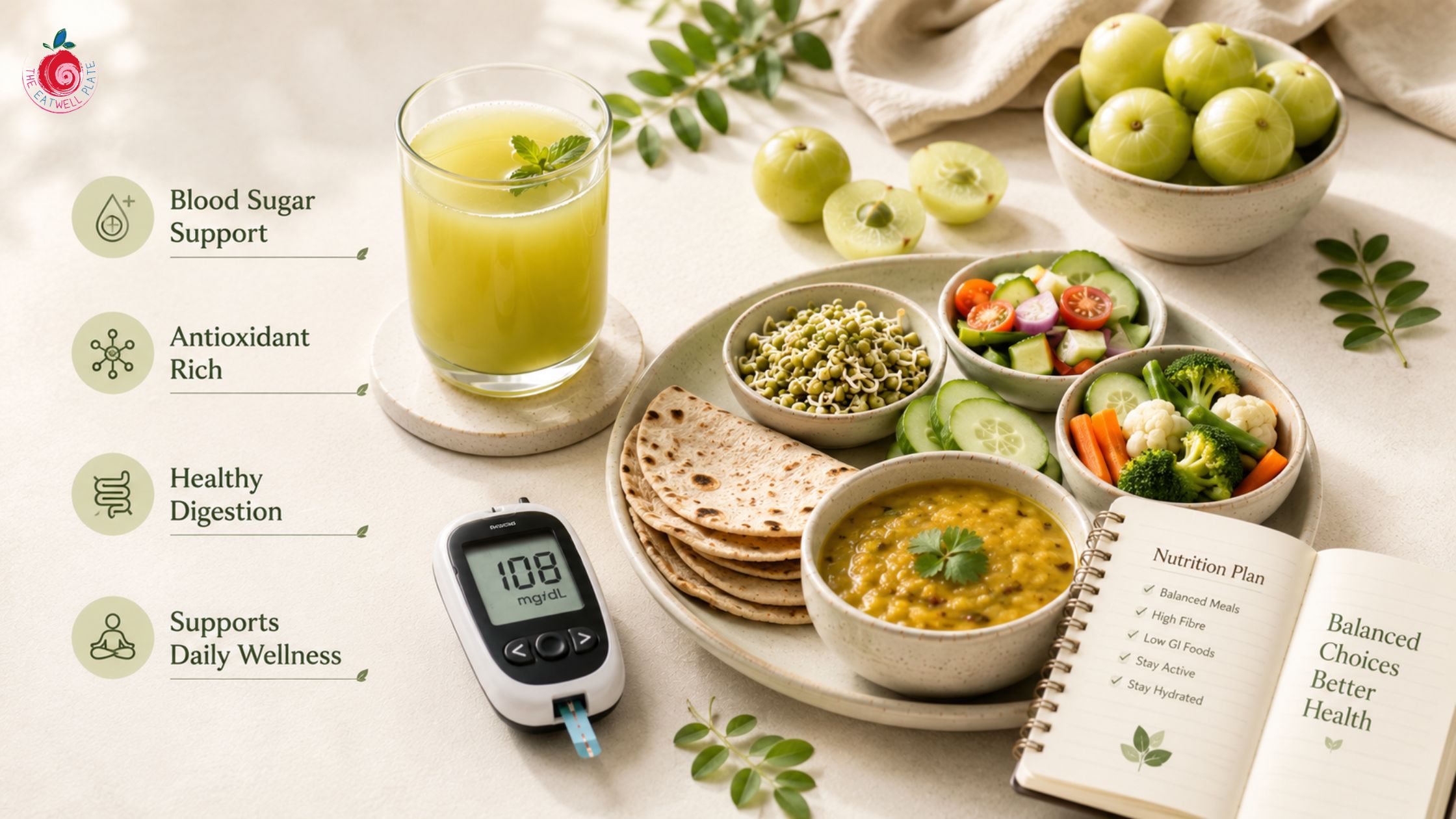 Amla juice with healthy diabetic foods for natural blood sugar support