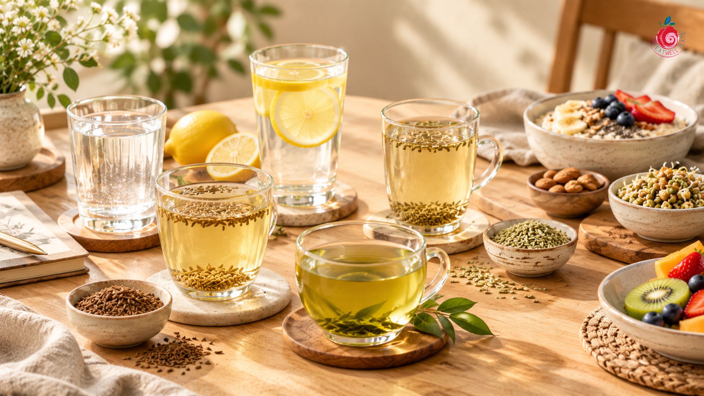 Healthy morning drinks including lemon water cumin water and green tea (1)